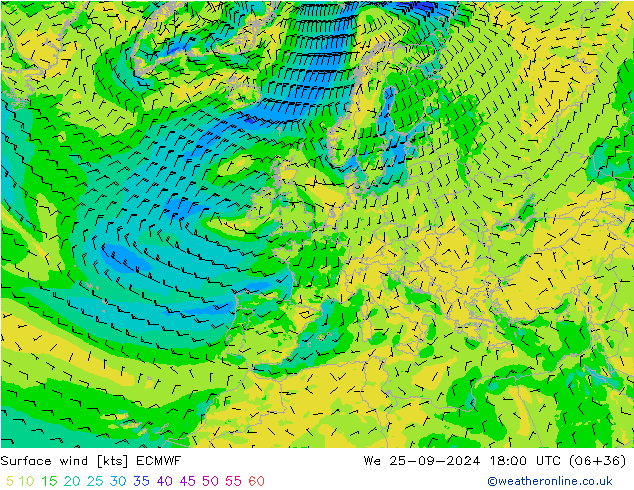 Wind 10 m ECMWF wo 25.09.2024 18 UTC