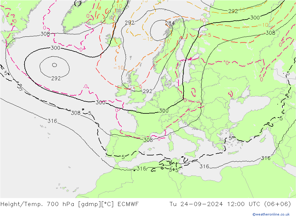 Hoogte/Temp. 700 hPa ECMWF di 24.09.2024 12 UTC