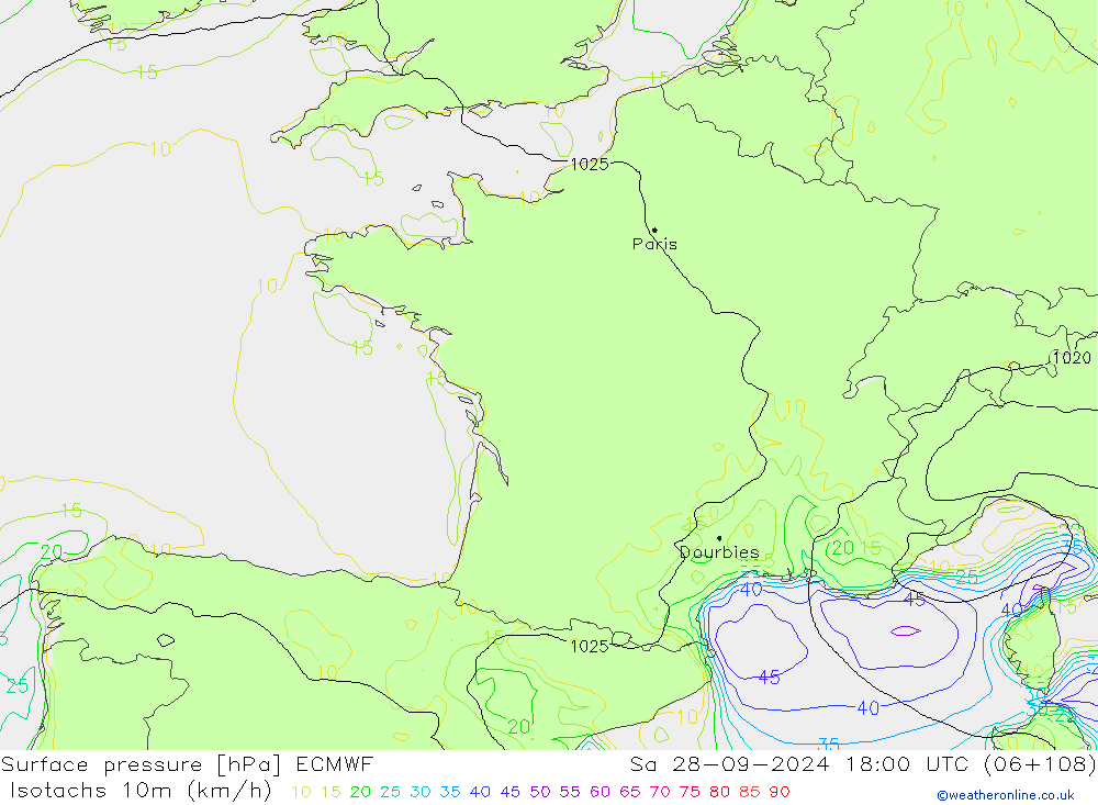 Isotachs (kph) ECMWF Sa 28.09.2024 18 UTC