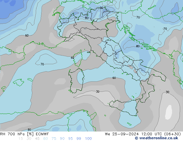 700 hPa Nispi Nem ECMWF Çar 25.09.2024 12 UTC