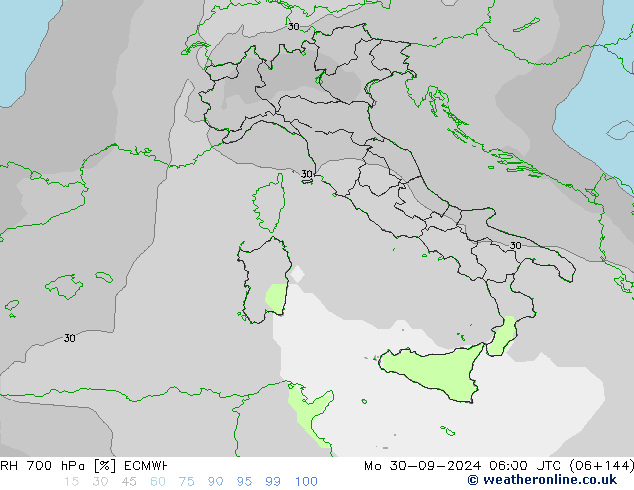 RH 700 hPa ECMWF Mo 30.09.2024 06 UTC