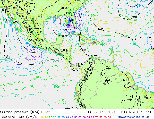 Izotacha (km/godz) ECMWF pt. 27.09.2024 00 UTC