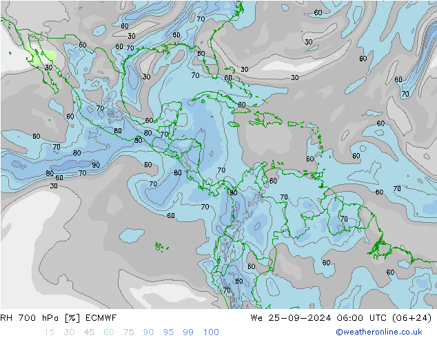 RH 700 hPa ECMWF mer 25.09.2024 06 UTC