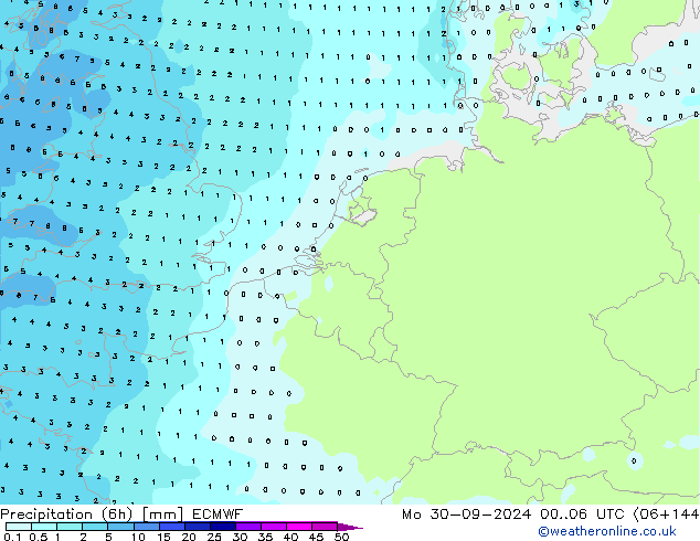 Precipitation (6h) ECMWF Mo 30.09.2024 06 UTC