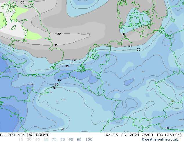 RH 700 hPa ECMWF We 25.09.2024 06 UTC