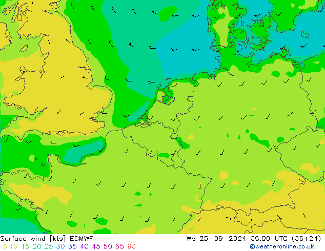 Bodenwind ECMWF Mi 25.09.2024 06 UTC