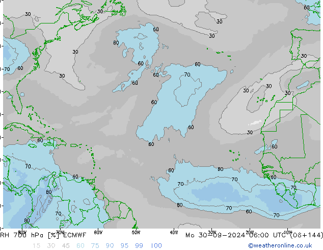 RH 700 hPa ECMWF Mo 30.09.2024 06 UTC