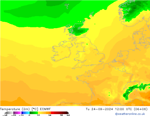 Temperature (2m) ECMWF Tu 24.09.2024 12 UTC