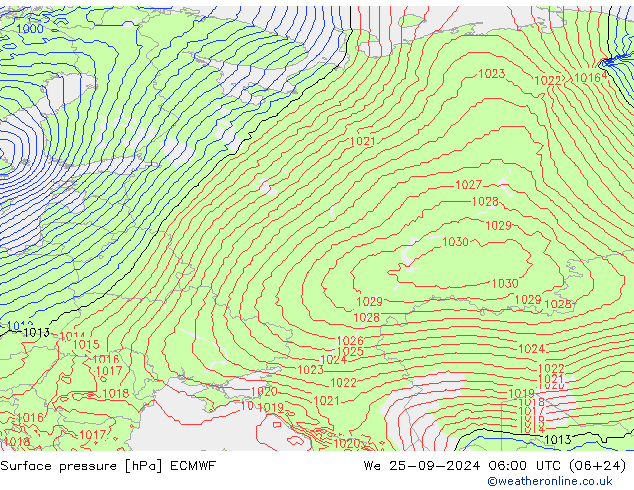 Surface pressure ECMWF We 25.09.2024 06 UTC