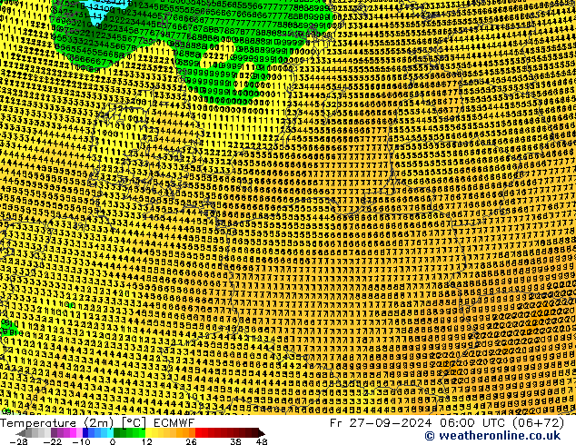 Temperatuurkaart (2m) ECMWF vr 27.09.2024 06 UTC