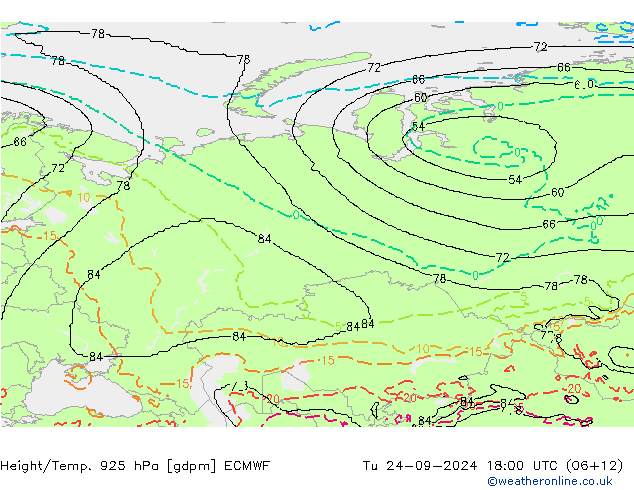 Height/Temp. 925 hPa ECMWF Tu 24.09.2024 18 UTC