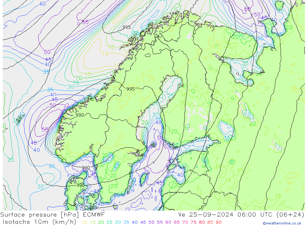 Isotachs (kph) ECMWF mer 25.09.2024 06 UTC