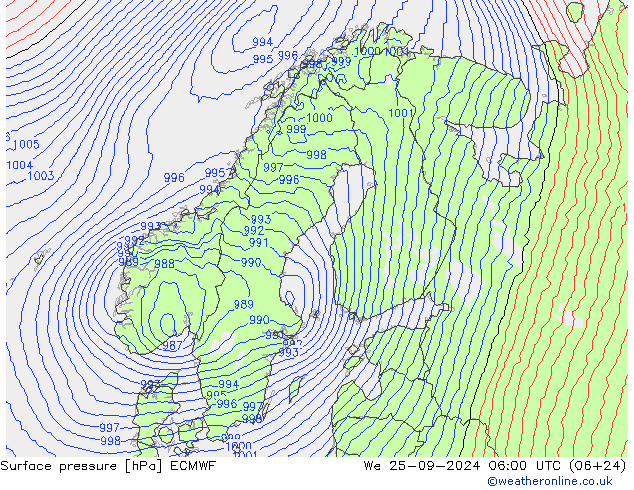 Surface pressure ECMWF We 25.09.2024 06 UTC