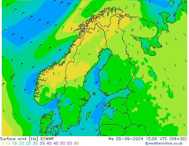 wiatr 10 m ECMWF śro. 25.09.2024 12 UTC