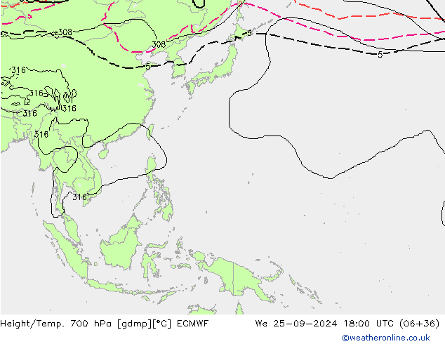 Height/Temp. 700 hPa ECMWF We 25.09.2024 18 UTC