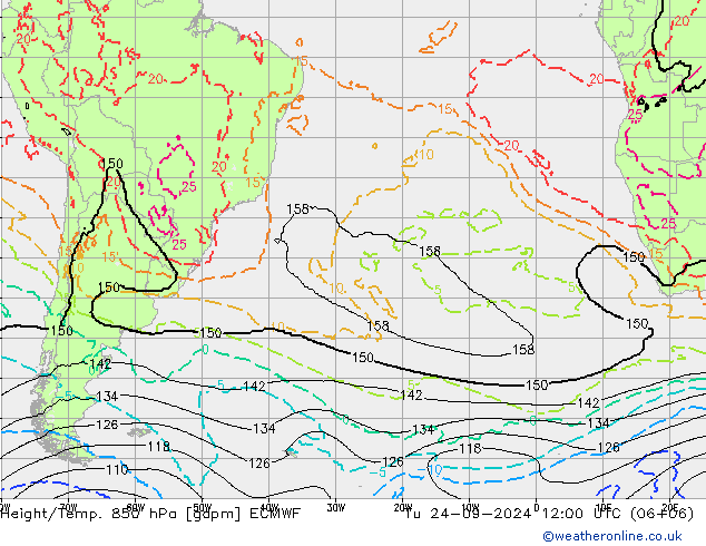 Height/Temp. 850 hPa ECMWF Út 24.09.2024 12 UTC