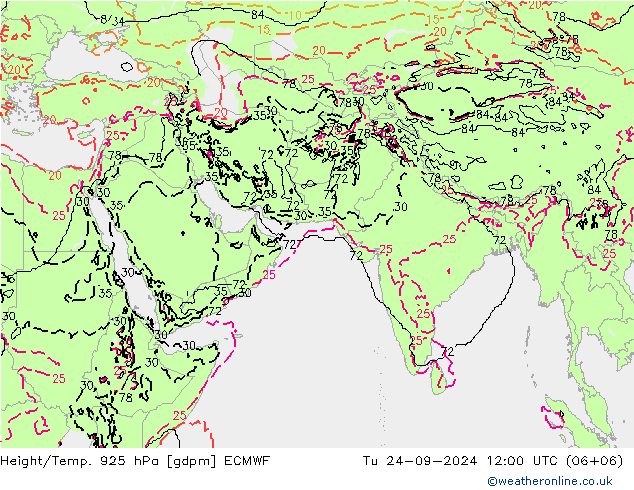 Height/Temp. 925 hPa ECMWF mar 24.09.2024 12 UTC