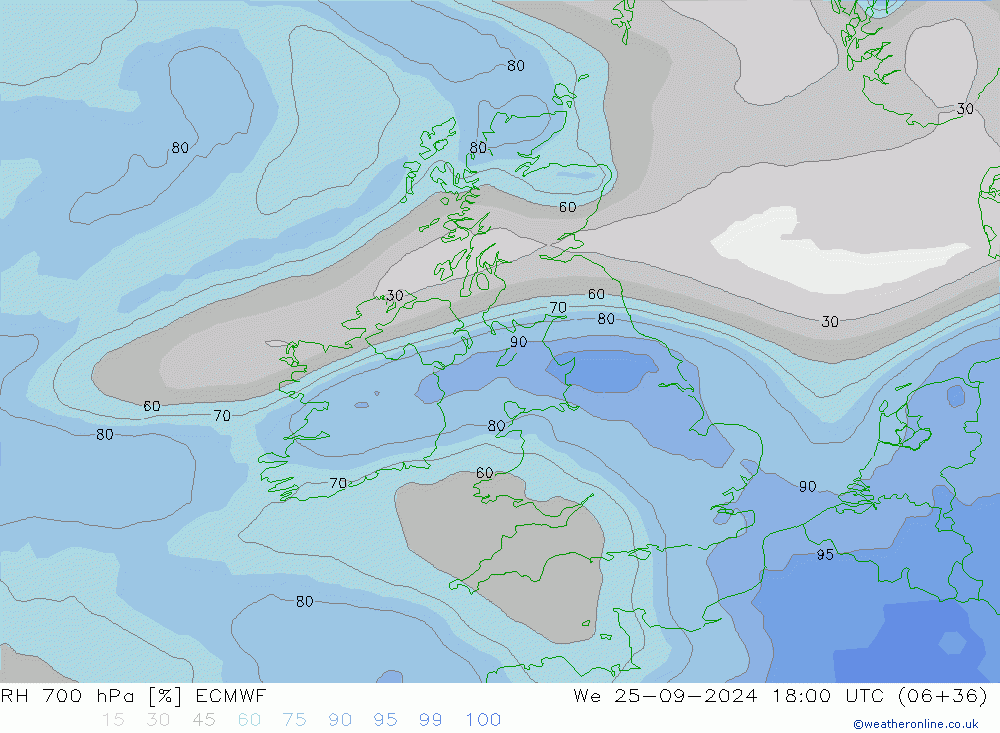 RH 700 hPa ECMWF We 25.09.2024 18 UTC