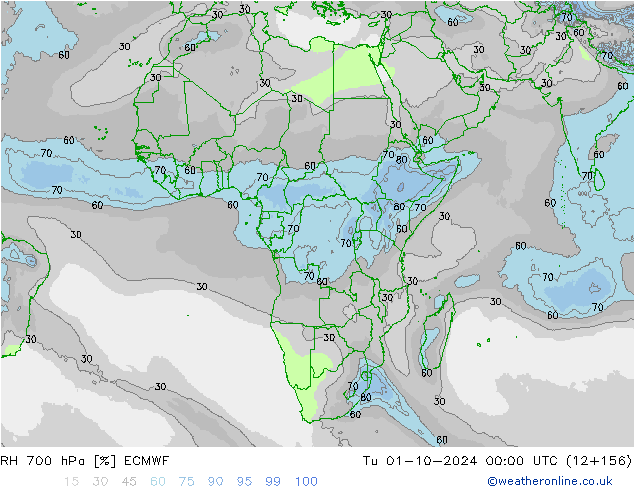 RH 700 гПа ECMWF вт 01.10.2024 00 UTC