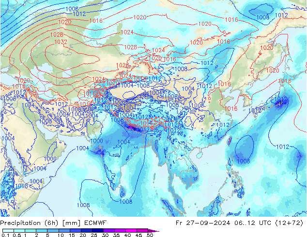 Precipitation (6h) ECMWF Fr 27.09.2024 12 UTC