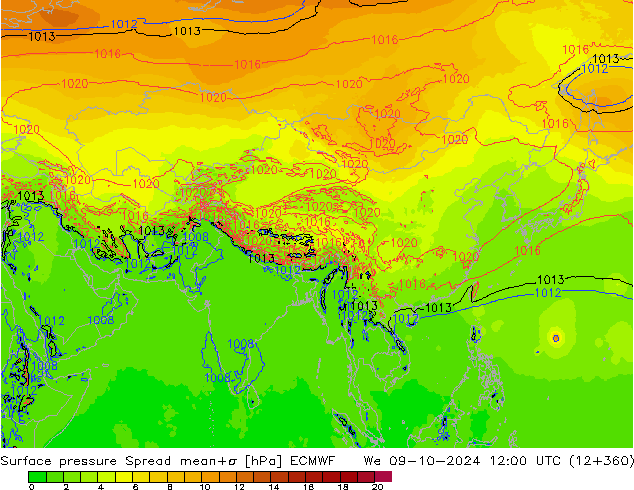 Pressione al suolo Spread ECMWF mer 09.10.2024 12 UTC