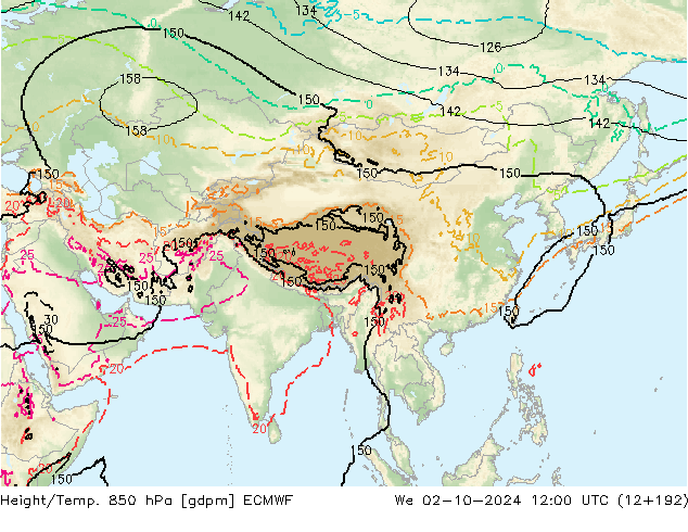 Height/Temp. 850 hPa ECMWF We 02.10.2024 12 UTC