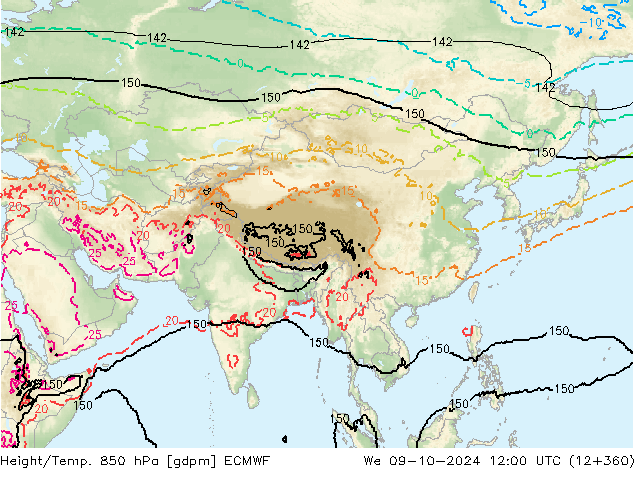 Height/Temp. 850 hPa ECMWF Qua 09.10.2024 12 UTC