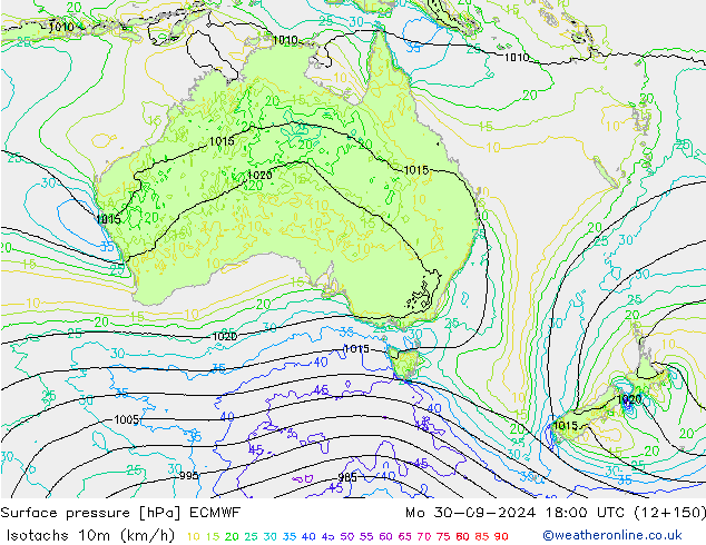 Isotachs (kph) ECMWF Mo 30.09.2024 18 UTC