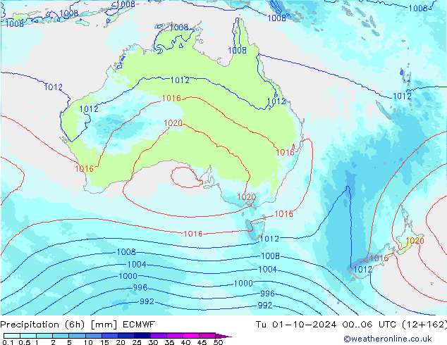 Précipitation (6h) ECMWF mar 01.10.2024 06 UTC