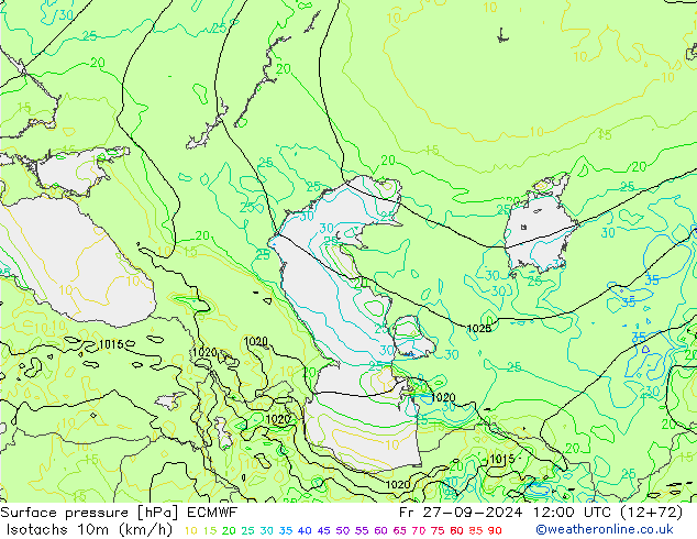 Izotacha (km/godz) ECMWF pt. 27.09.2024 12 UTC