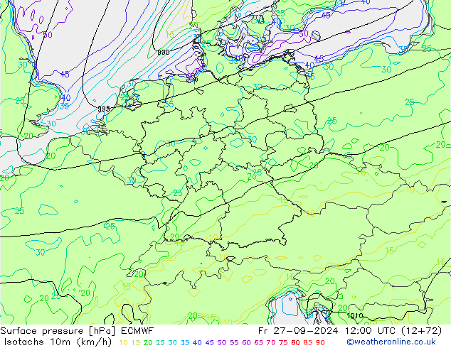 Eşrüzgar Hızları (km/sa) ECMWF Cu 27.09.2024 12 UTC