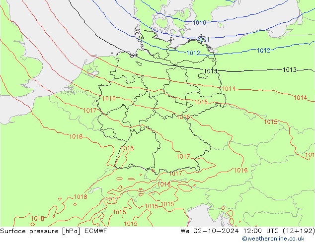 Presión superficial ECMWF mié 02.10.2024 12 UTC