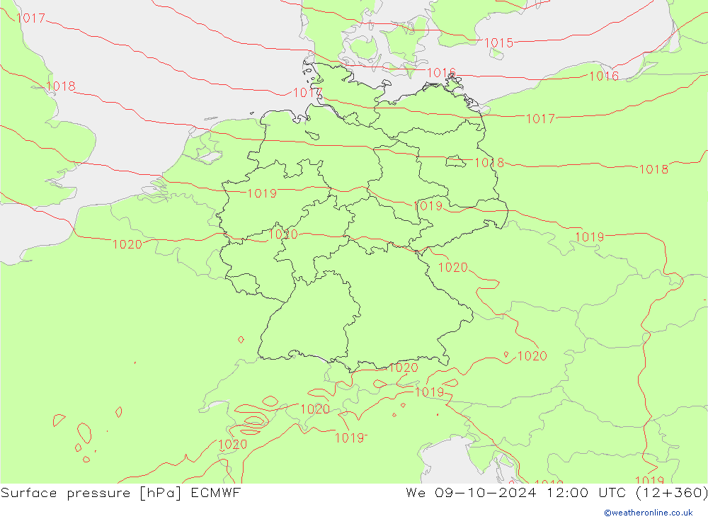 Surface pressure ECMWF We 09.10.2024 12 UTC