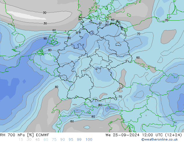 RH 700 hPa ECMWF  25.09.2024 12 UTC