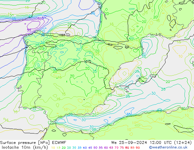 Izotacha (km/godz) ECMWF śro. 25.09.2024 12 UTC