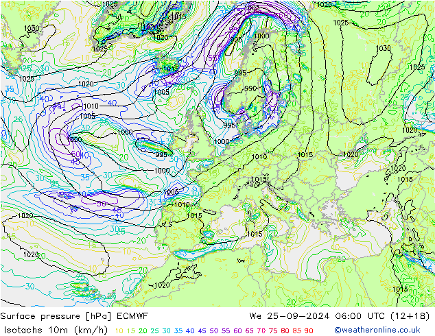 Isotachs (kph) ECMWF We 25.09.2024 06 UTC