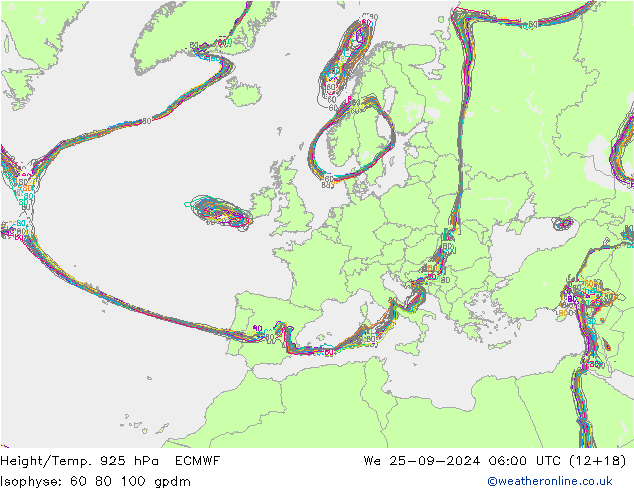 Hoogte/Temp. 925 hPa ECMWF wo 25.09.2024 06 UTC