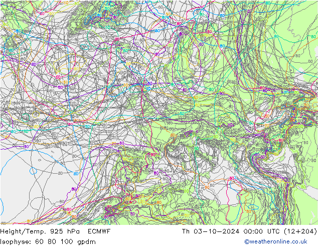 Height/Temp. 925 hPa ECMWF Th 03.10.2024 00 UTC