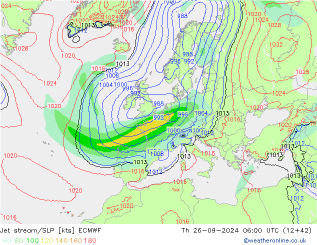 Corrente a getto ECMWF gio 26.09.2024 06 UTC