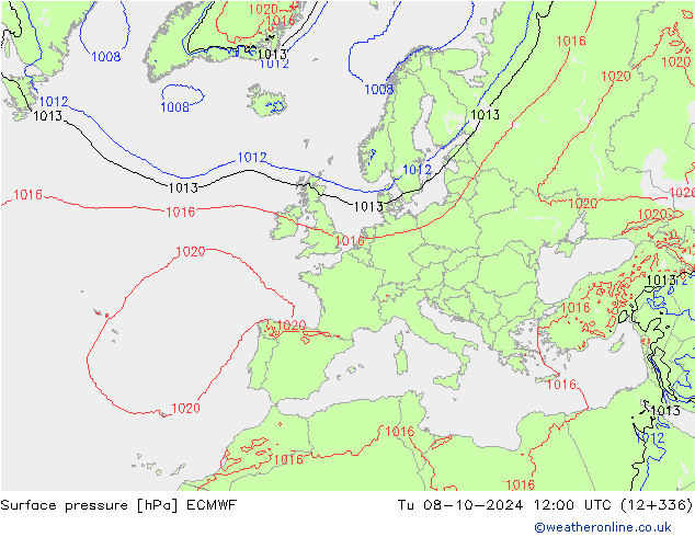 Surface pressure ECMWF Tu 08.10.2024 12 UTC