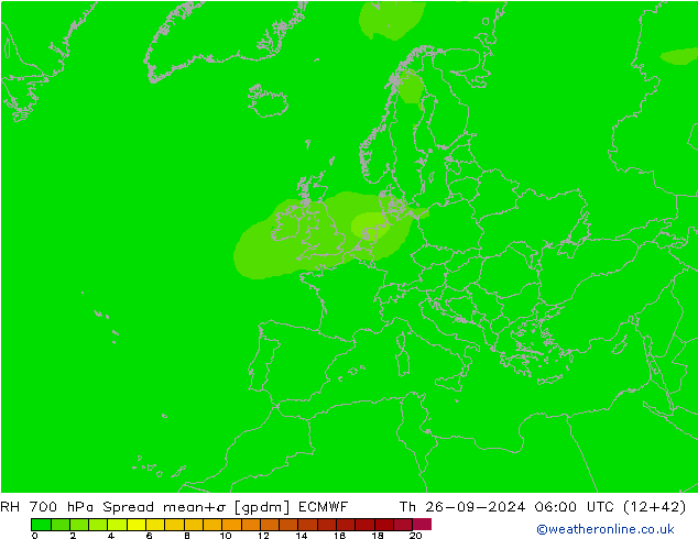 RH 700 hPa Spread ECMWF czw. 26.09.2024 06 UTC