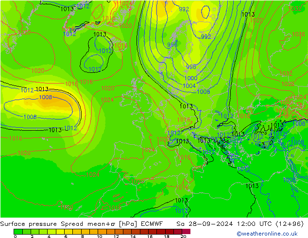 Surface pressure Spread ECMWF Sa 28.09.2024 12 UTC