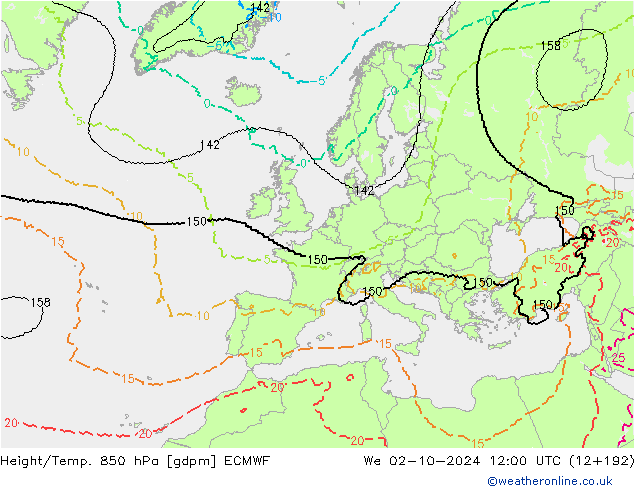 Height/Temp. 850 hPa ECMWF Mi 02.10.2024 12 UTC