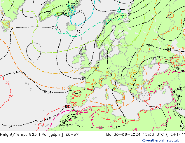 Height/Temp. 925 hPa ECMWF Mo 30.09.2024 12 UTC