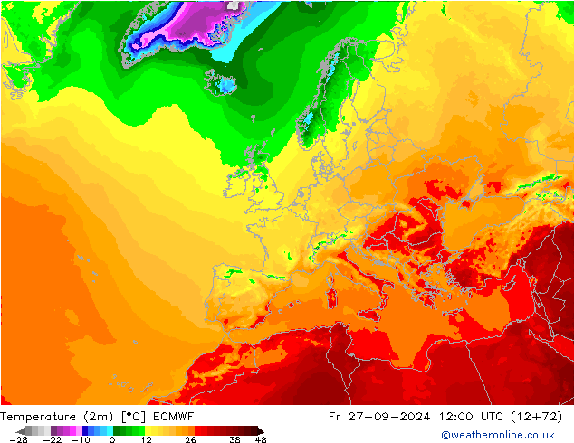 Temperatura (2m) ECMWF vie 27.09.2024 12 UTC