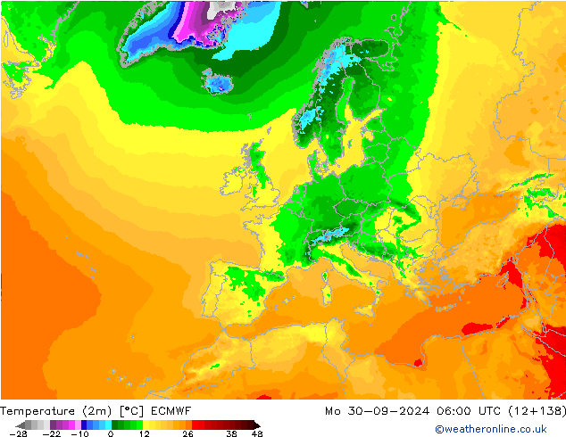 Temperaturkarte (2m) ECMWF Mo 30.09.2024 06 UTC