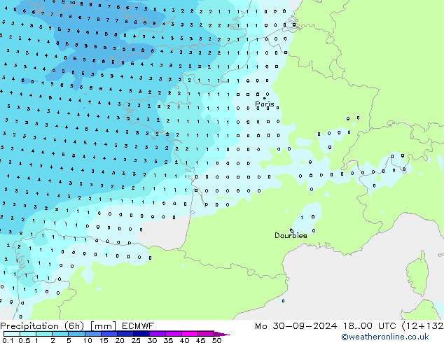 Precipitation (6h) ECMWF Mo 30.09.2024 00 UTC