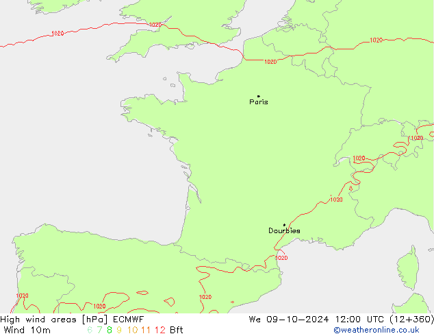 High wind areas ECMWF We 09.10.2024 12 UTC