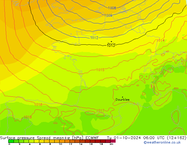 Surface pressure Spread ECMWF Tu 01.10.2024 06 UTC