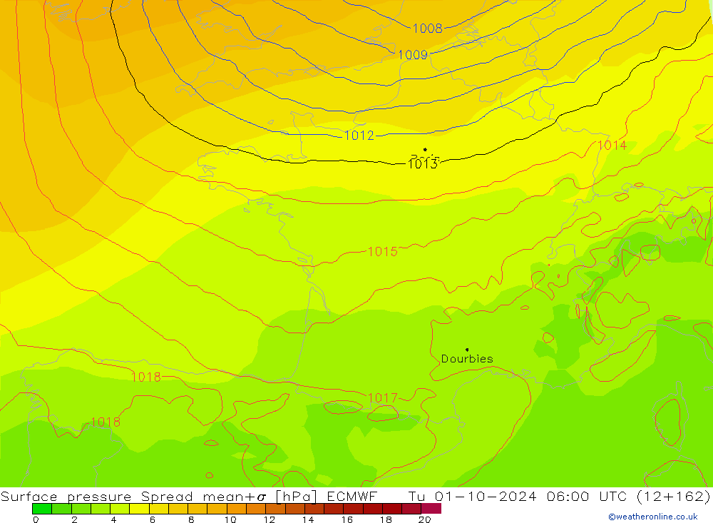 Surface pressure Spread ECMWF Tu 01.10.2024 06 UTC